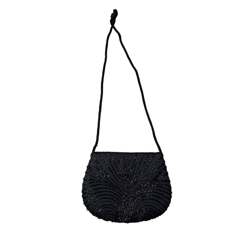 Vintage Black Beaded Shoulder Crossbody Fashion Bag  7.5" L x 6"  H